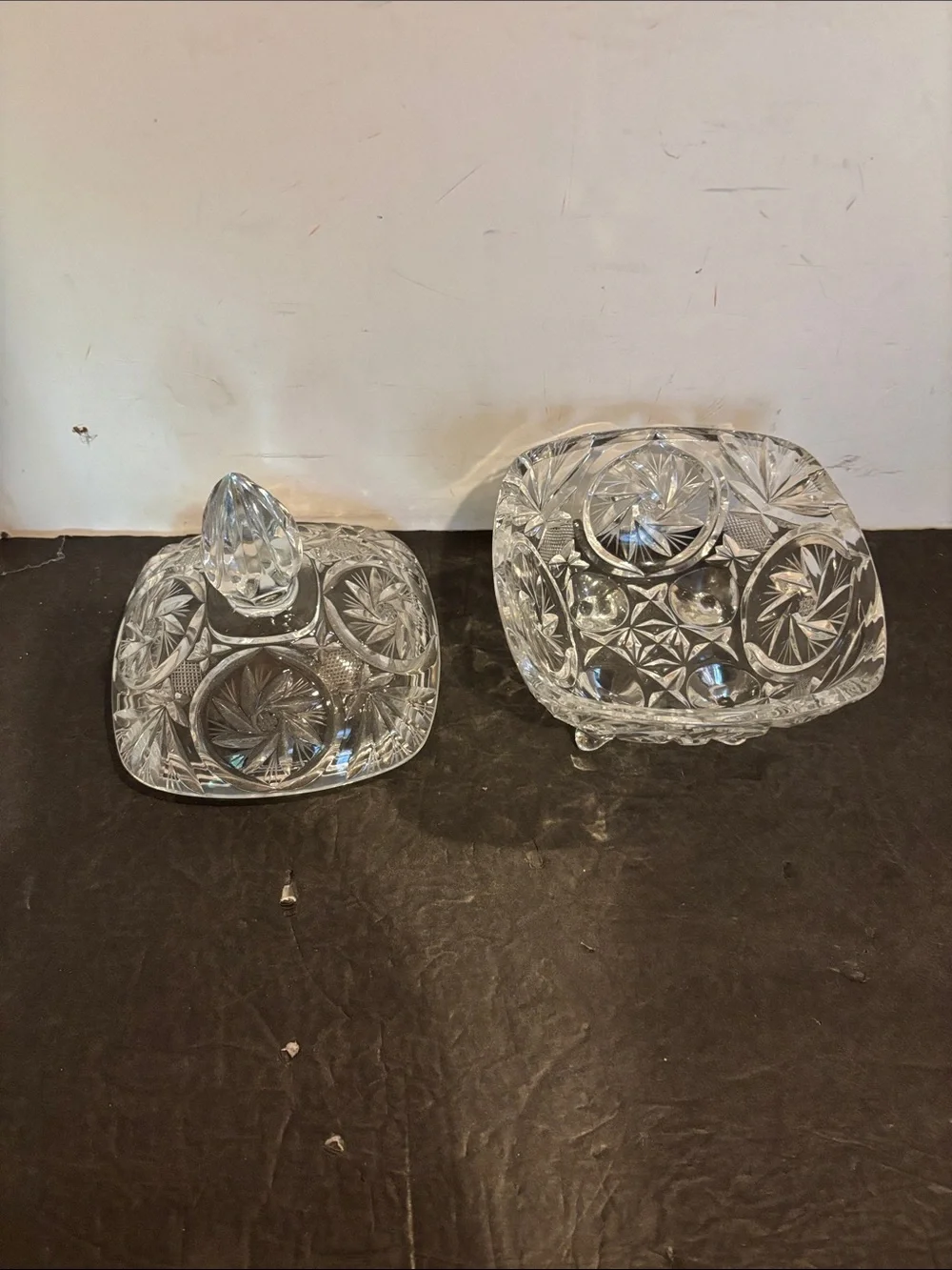 Lausitzer 24% Lead Crystal Glass Square Footed Lidded Candy Dish Starburst